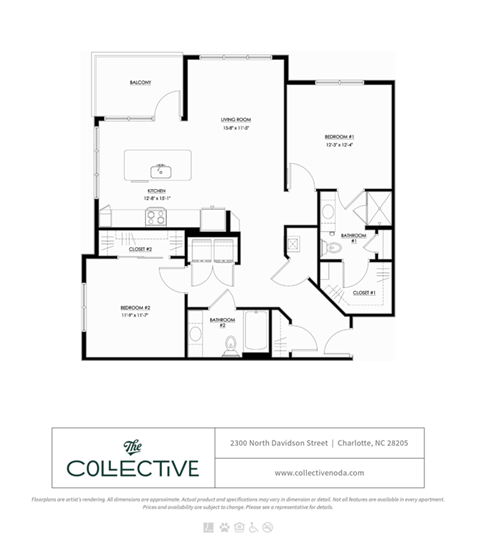 Floor plan for 2 beds, 2 baths, 1172 sqft